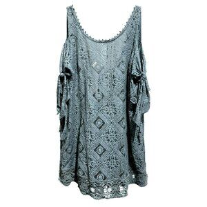 Free People Geo Sands Lagoon Green Crochet Lace Cold Shoulder Top BoHo Small NEW